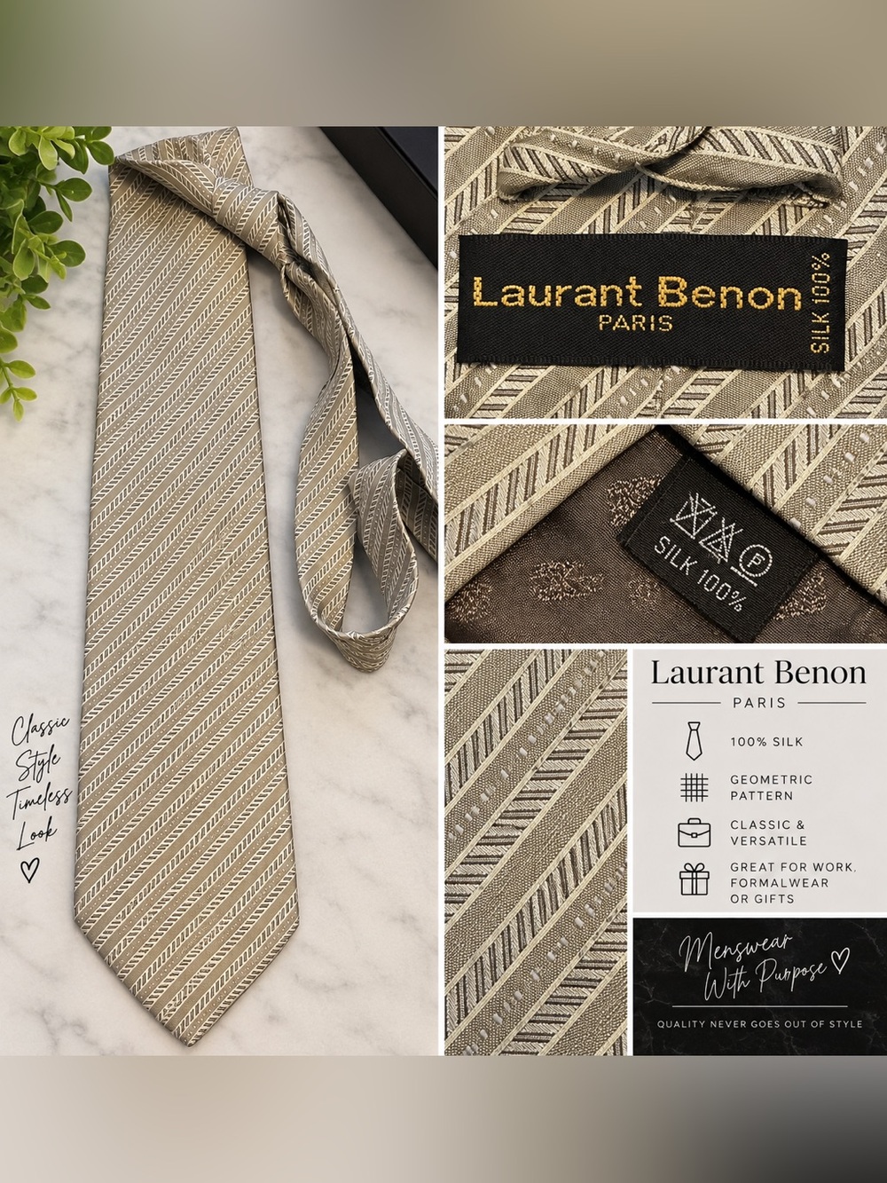 Men's Silk Tie in Beige Geometric Stripe